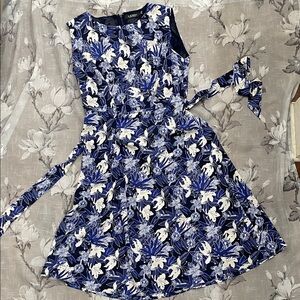 Lauren Ralph Lauren Blue and White Floral Midi Dress Size 14 Tie Waist